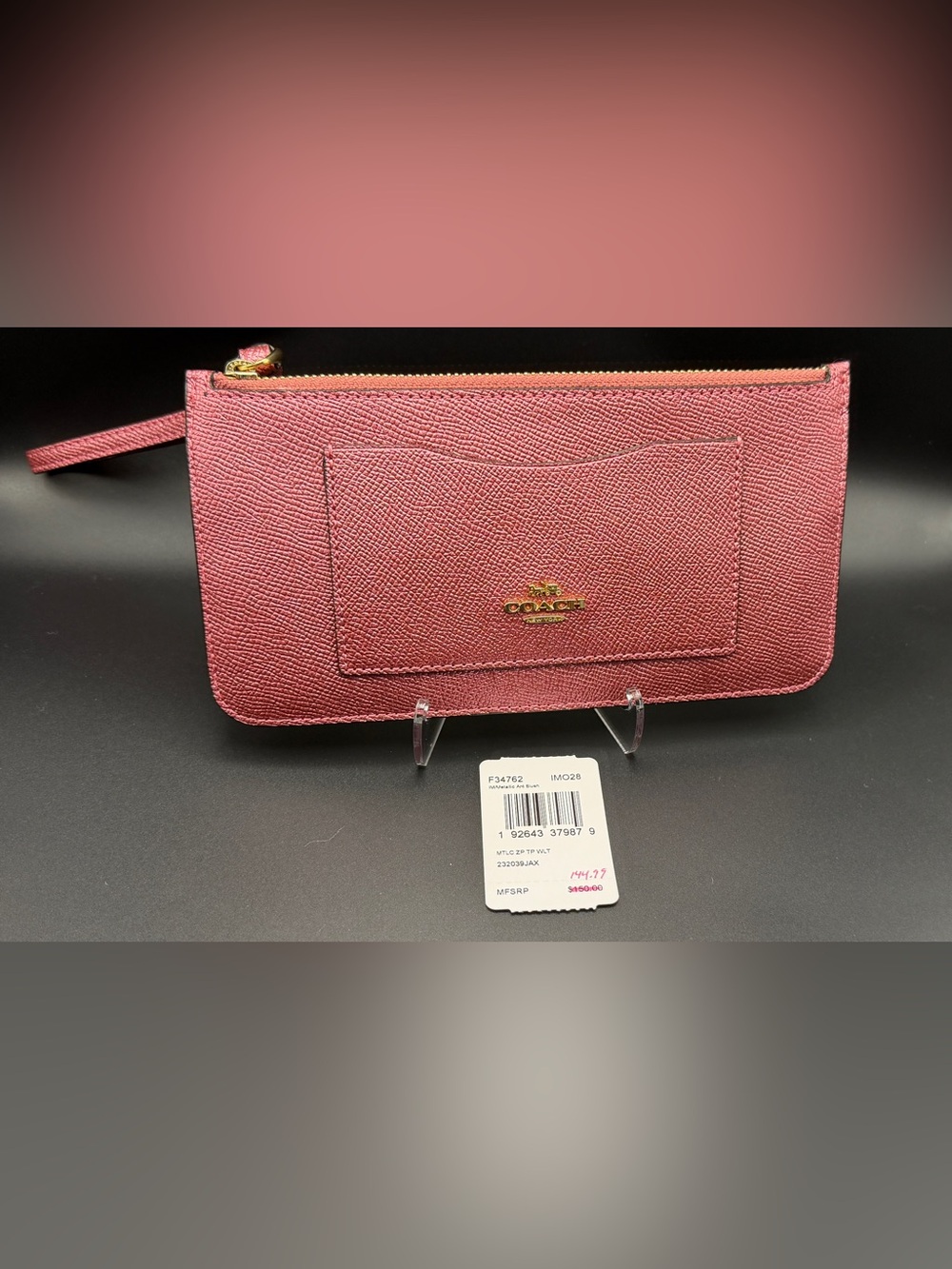 Coach Rose Textured Leather Zip Wallet with Gold Logo